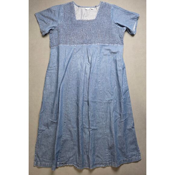 Y2K 90s Only Necessities Denim Maxi Dress Womens 24W Smocked Short Sleeve Bodice - Picture 1 of 6